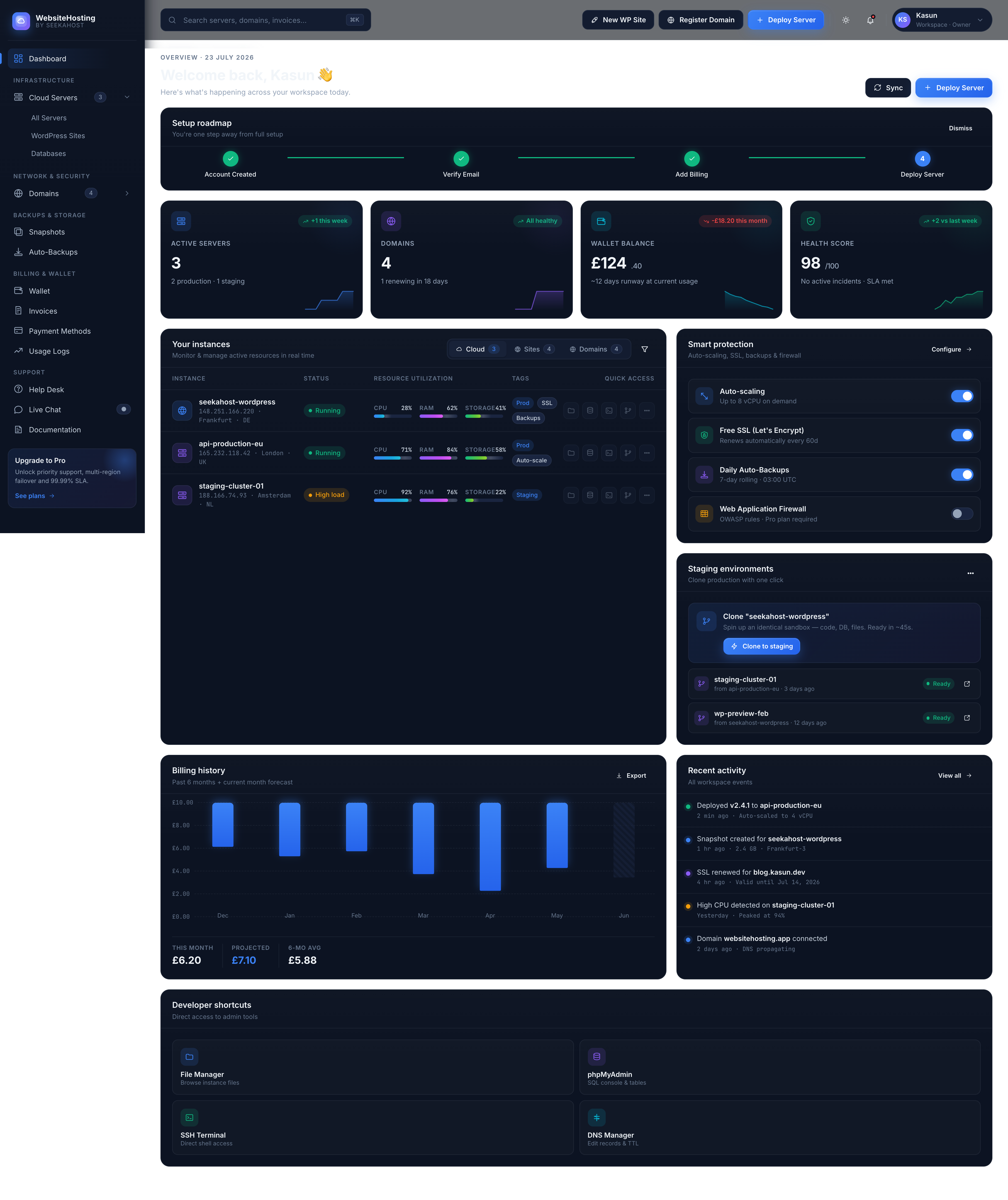 SeekaHost control panel dashboard